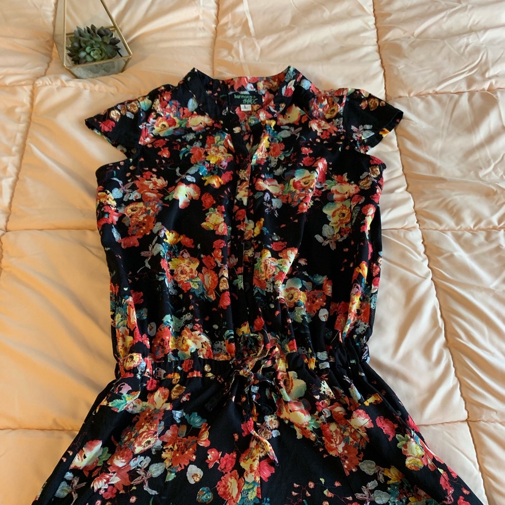 Black Floral Short-Sleeve Drawstring Jumpsuit